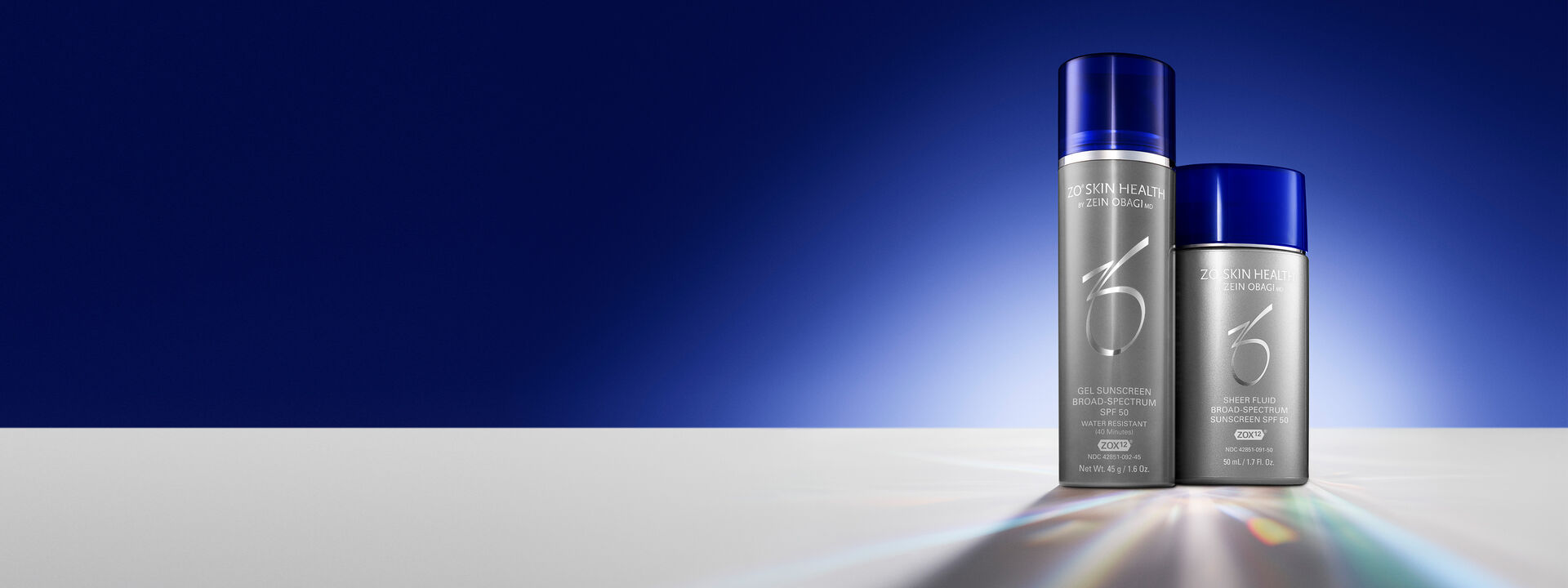 Sheer Fluid and Gel Sunscreens on stylized blue backgrounds
